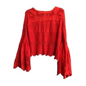 Free people Women’s Flare Bell Sleeve Knit Crochet Eyelet Orange Red Size Small